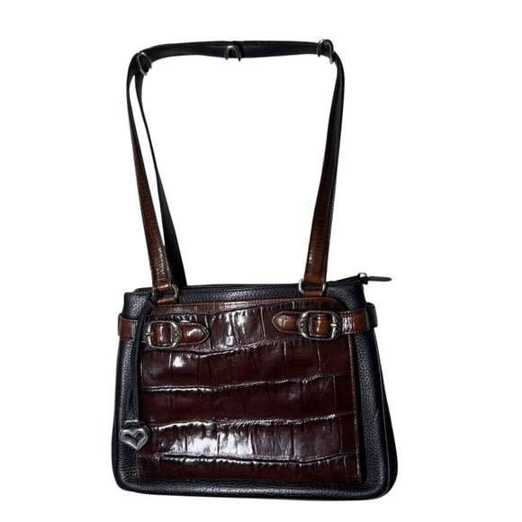 Vintage Brighton Brown & Black Embossed Leather Shoulder Bag With Heart Charm - Picture 1 of 10